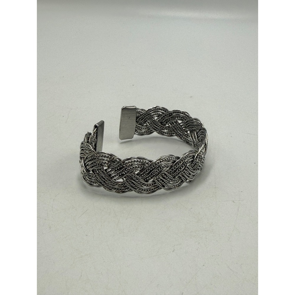 Silver Tone Woven Braided Wire Cuff Bracelet Wide Metallic Open Bangle